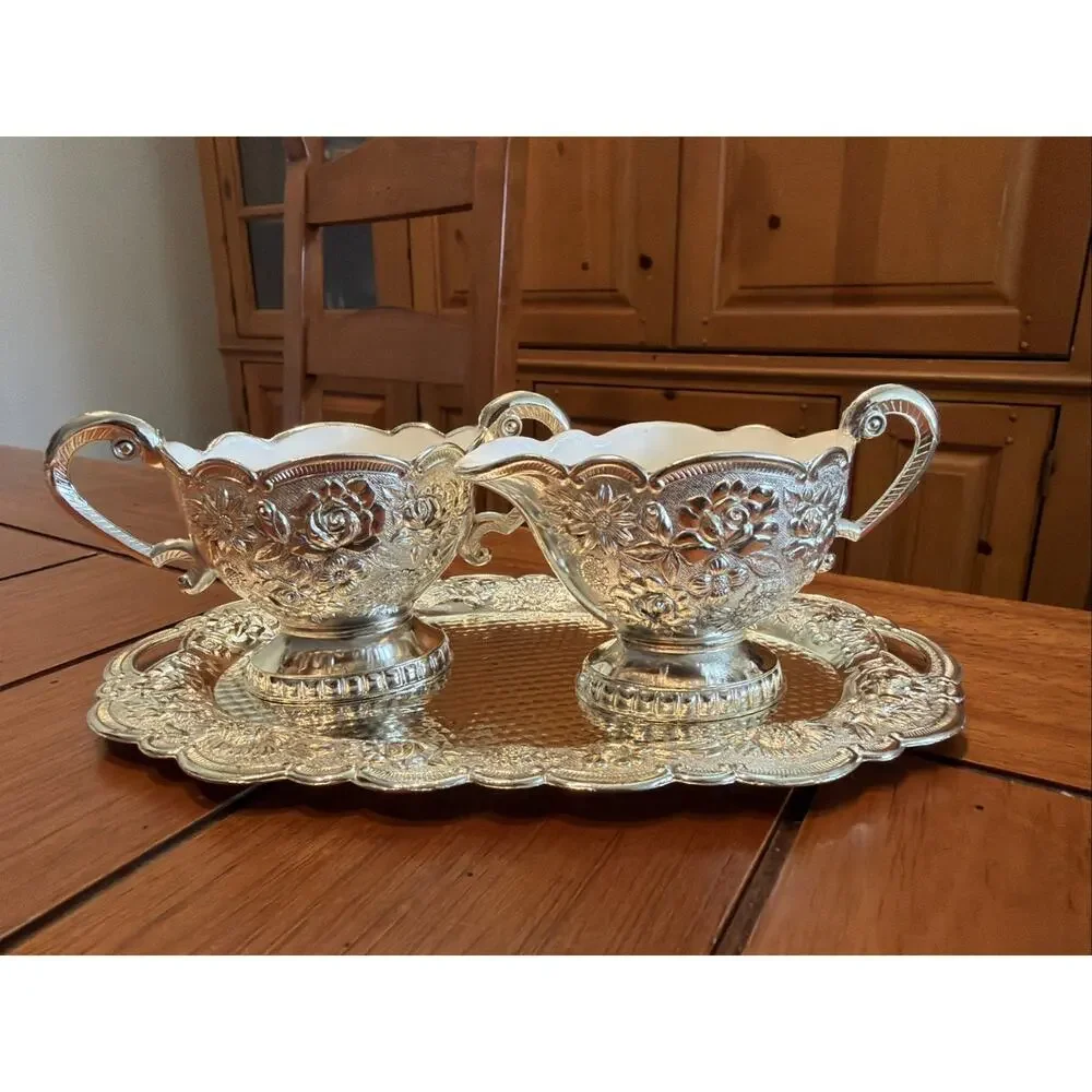 NEW OS Vintage Leonard Silver Plated Floral Sugar/Creamer 2.5” Tray Is 8” Japan